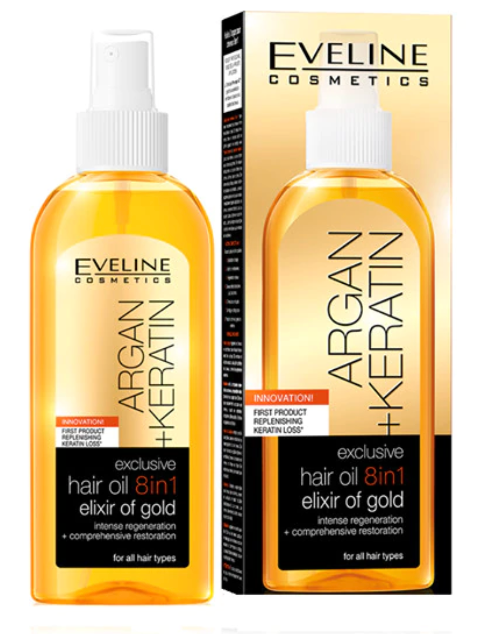 Ulei de par, Eveline Cosmetics, 8 in 1 Argan + Keratina, Elixir of Gold, 150 ml